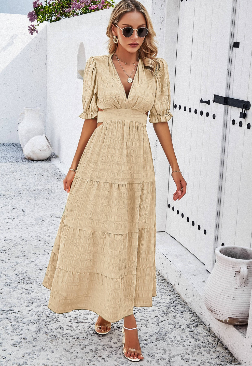 Women Open Back Cutout V Neckline Short Puff Sleeves Midi Dress Zarnesh