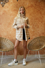 Women Stripe Collar Chest Pockets Button Down Long Sleeve Shacket Zarnesh