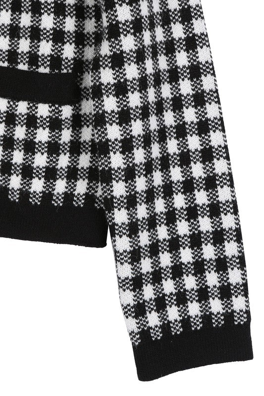 Women Black Check Knitted Jacket | Zarnesh