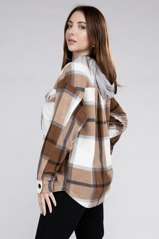 Women Plaid Drawstring Hooded Soft Fleece Shacket | Zarnesh