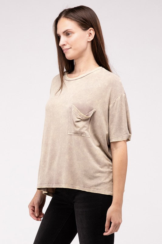 Women Washed Ribbed Cuffed Short Sleeve Round Neck Top | Zarnesh