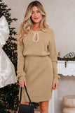 Smoke Gray Pearl Embellished Keyhole Ribbed Sweater Dress