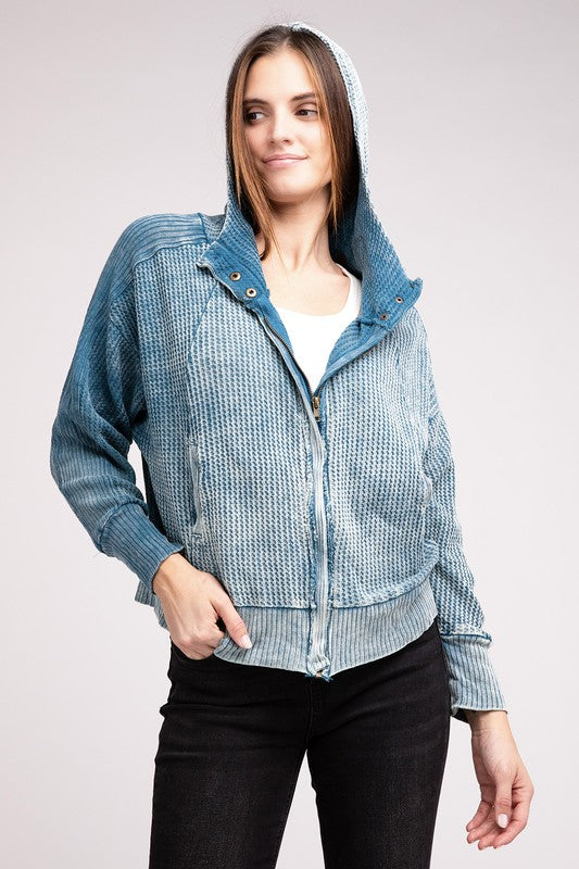 Women Acid Wash Cotton Waffle Hooded Zip Up Jacket | Zarnesh