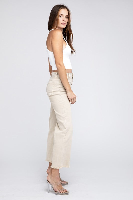 WOMEN'S Acid Wash Frayed Cutoff Hem Straight Wide Pants | ZARNESH