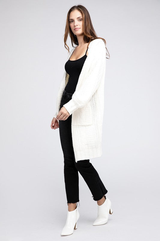 Women Twist Knitted Open Front Cardigan with Pockets | Zarnesh