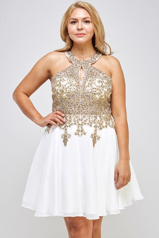 Women Plus Gold Embroidered Flared Chiffon Mini Dress | Zarnesh