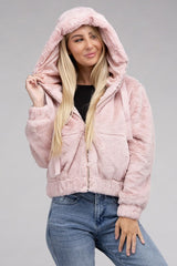 Women Fluffy Texture Zip-Up Teddy Hoodie Sweater | Zarnesh