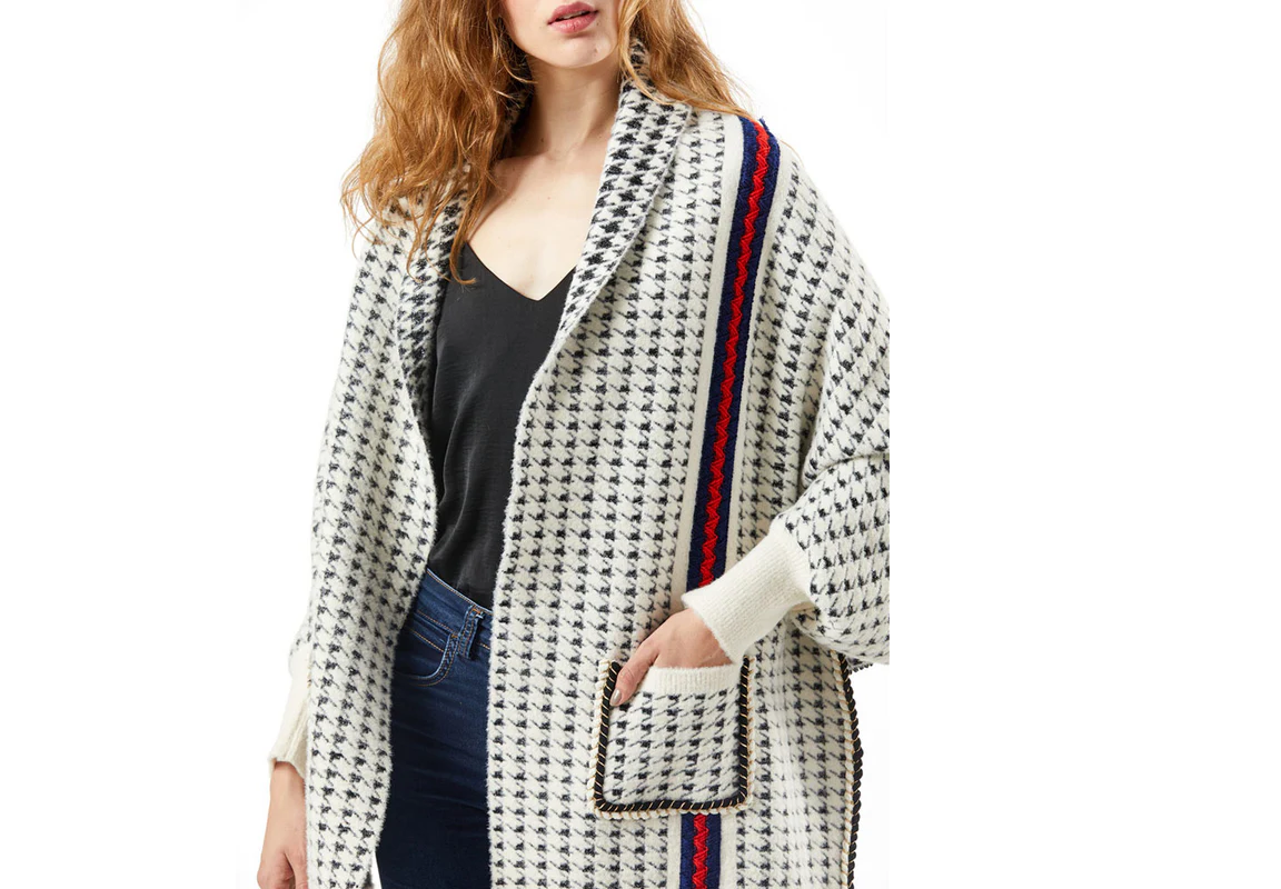 Women Houndstooth Sleeve Poncho with Pocket Fringe| Zarnesh