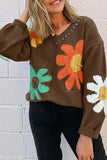 Women Flower Pattern V Neck Drop Loose Fit Shoulder Sweater Zarnesh