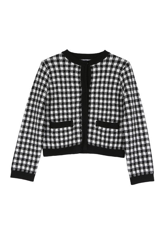 Women Black Check Knitted Jacket | Zarnesh