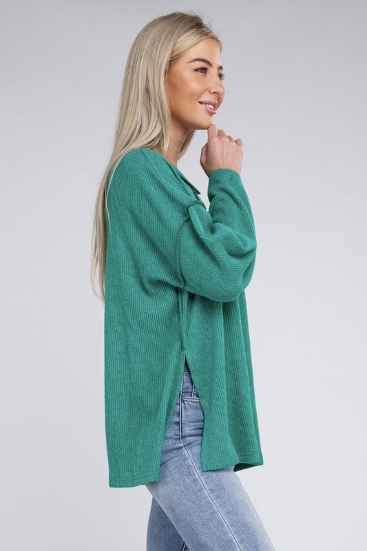 Women Ribbed Brushed Melange Hacci Henley Sweater | Zarnesh