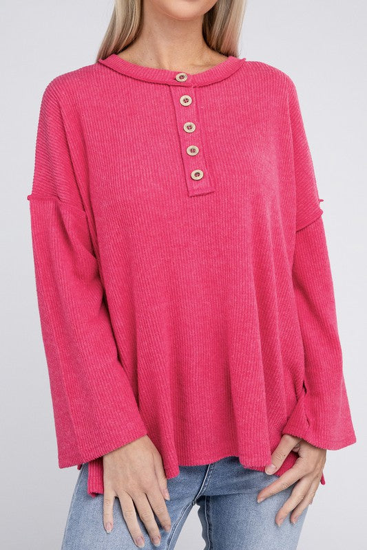 Women Ribbed Brushed Melange Hacci Henley Sweater | Zarnesh