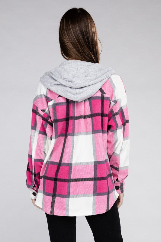 Women Plaid Drawstring Hooded Soft Fleece Shacket | Zarnesh