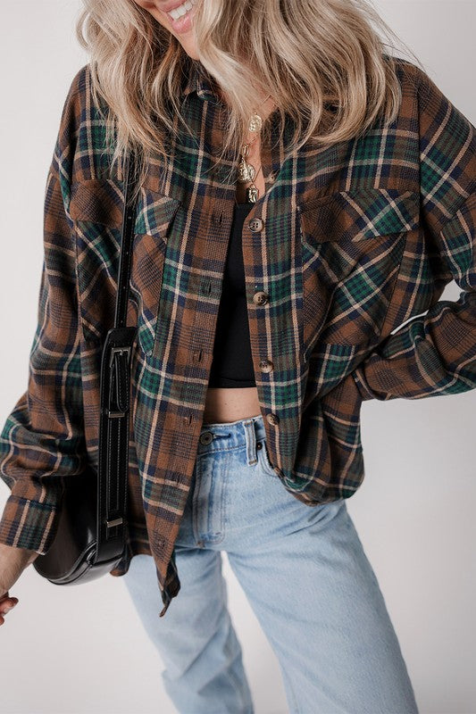 Women Plaid Print Pockets Buttoned Shirt Jacket | Zarnesh