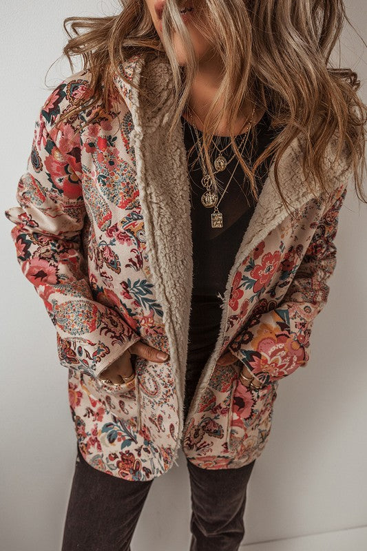 Women Floral Printed Sherpa Lined Hooded Jacket | Zarnesh