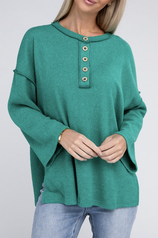 Women Ribbed Brushed Melange Hacci Henley Sweater | Zarnesh