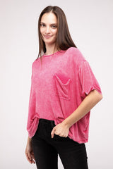 Women Washed Ribbed Cuffed Short Sleeve Round Neck Top | Zarnesh