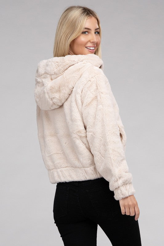 Women Fluffy Texture Zip-Up Teddy Hoodie Sweater | Zarnesh