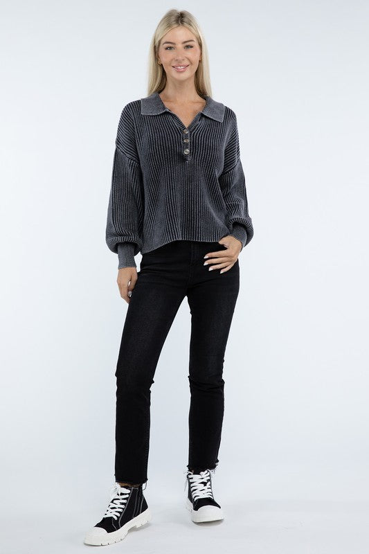 Women’s Washed Collared Henley Sweater | Zarnesh