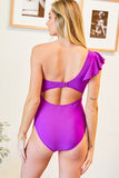 Women Solid Ruffle Flattering  One Shoulder One Piece Swimsuit Zarnesh
