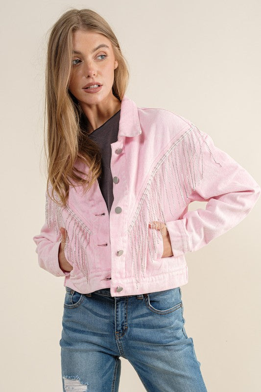 Women Crop Denim Jacket With Rhinestone Fringe | Zarnesh