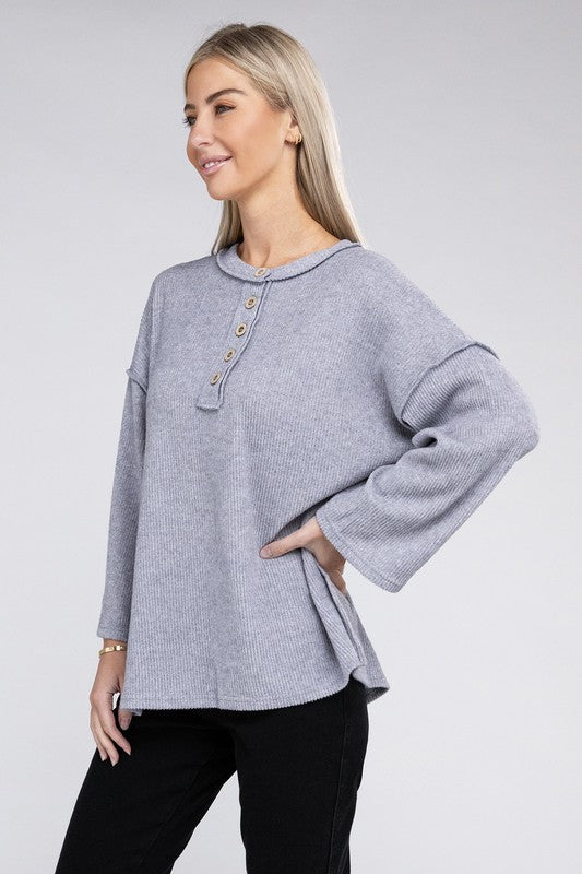 Women Ribbed Brushed Melange Hacci Henley Sweater | Zarnesh