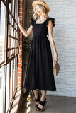 Women Linen Square Neck Ruffle Strap Sleeves Midi Dress Tie Back Zarnesh