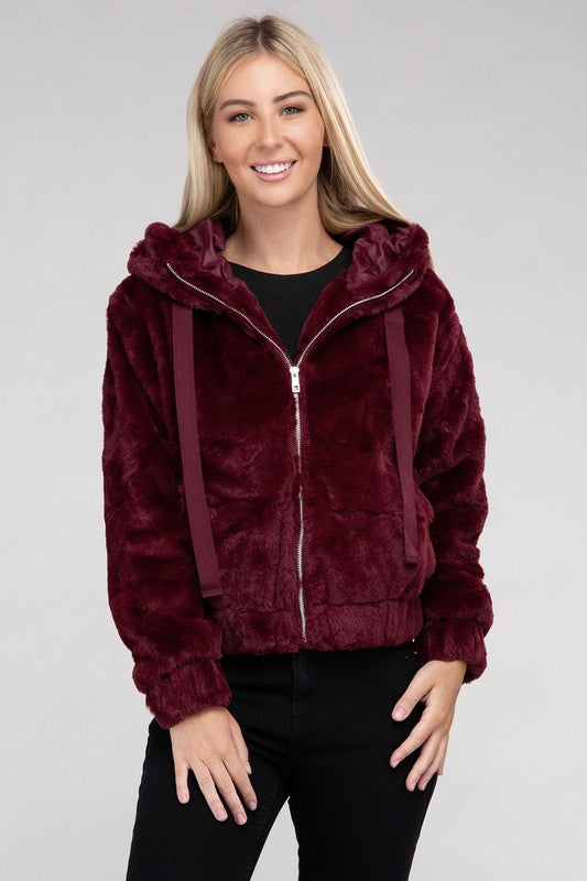 Women Fluffy Texture Zip-Up Teddy Hoodie Sweater | Zarnesh