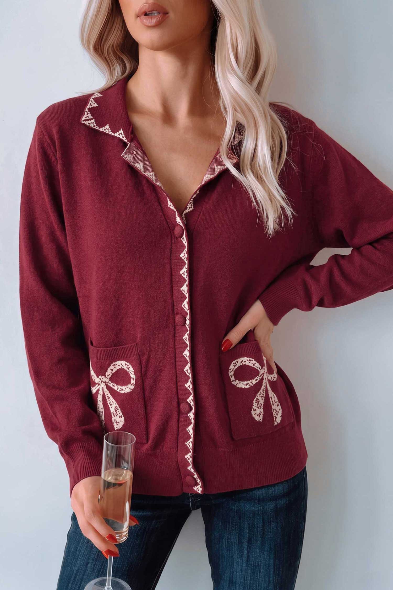 Bow Collar Pocket Knit Long Sleeve Cardigan | Zarnesh