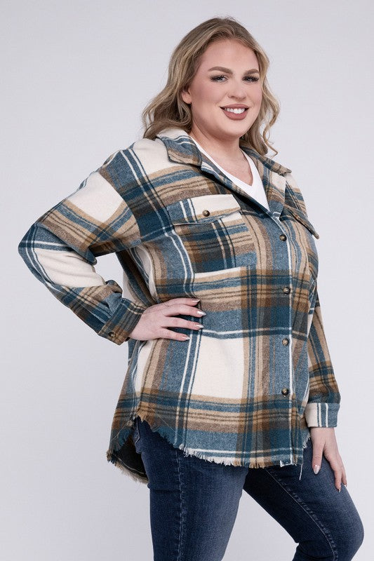 Women Plus Size Yarn Dyed Plaid Shirt Jacket | Zarnesh