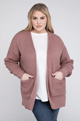 Women Plus Low Gauge Waffle Open Cardigan Sweater | Zarnesh