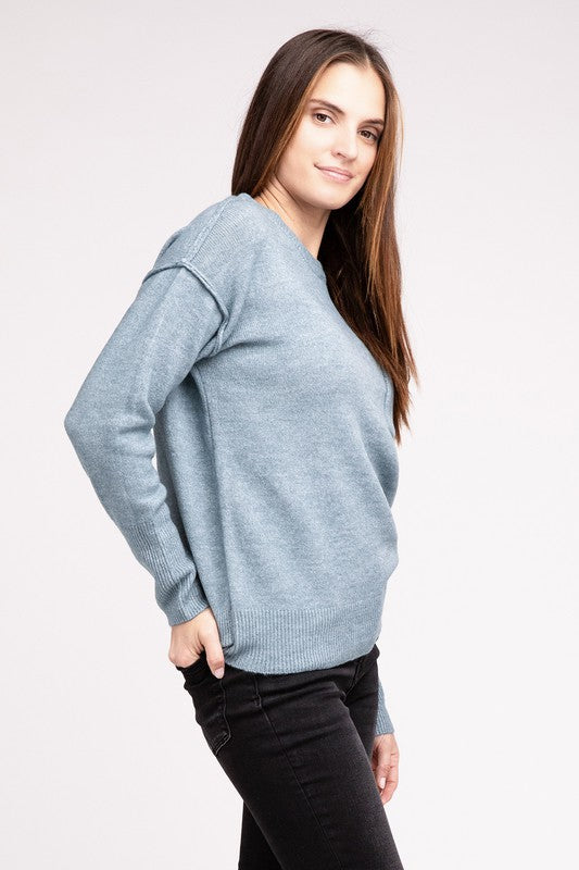 Women Melange Hi-Low Hem Round Neck Sweater | Zarnesh