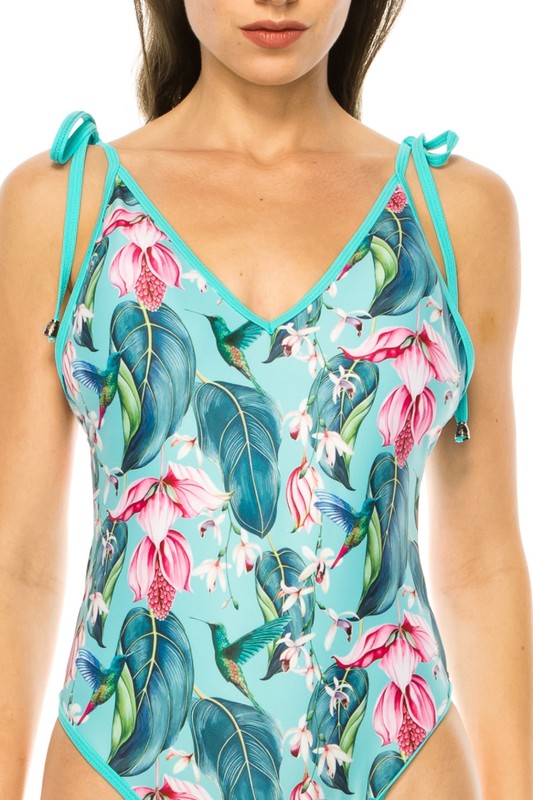 Women One Piece Bathing Suit Floral Print Shoulder Top Tie | Zarnesh