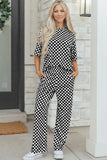 Black Checkered Print Half Sleeve Tee 2pcs Lounge Pant Set