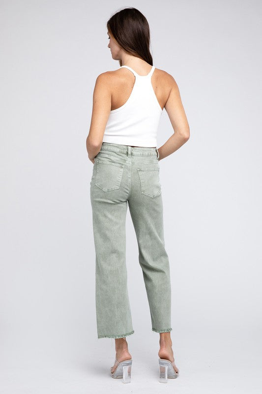 WOMEN'S Acid Wash Frayed Cutoff Hem Straight Wide Pants | ZARNESH