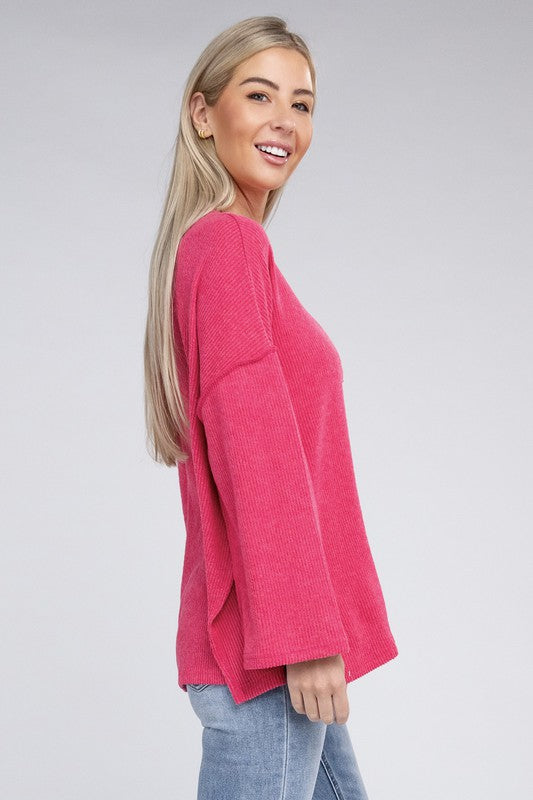 Women Ribbed Brushed Melange Hacci Henley Sweater | Zarnesh