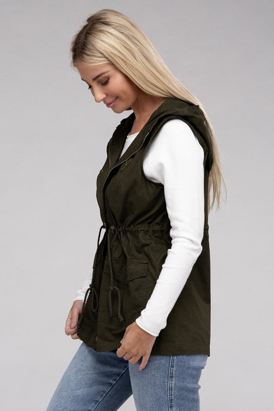 Women Drawstring Waist Military Hoodie Vest | Zarnesh