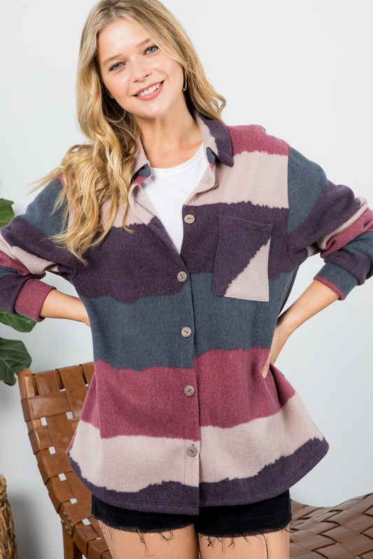 Women Plus Fuzzy Stripe Button Down Shacket | Zarnesh