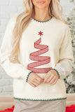 Beige Stitched Detail Christmas Tree Holiday Casual Sweater