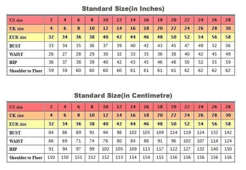 Size chart comparing US, UK, and EUR measurements in inches and centimeters.