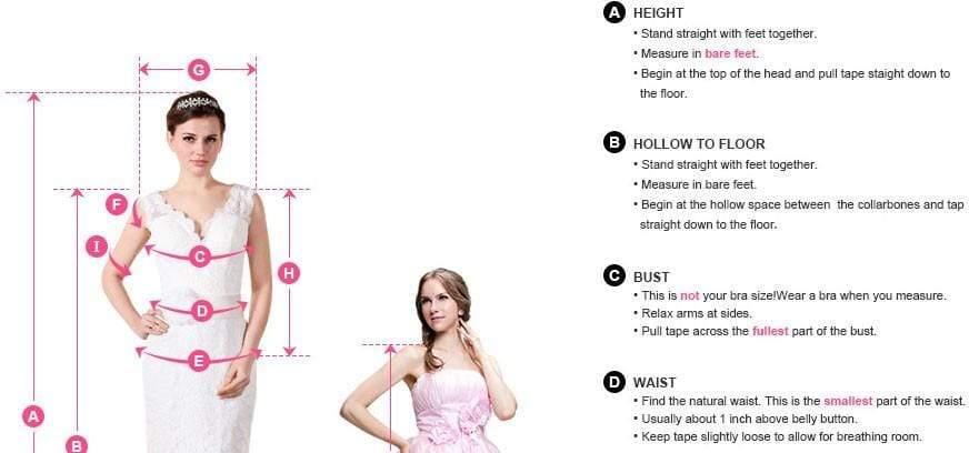 Measurement guide for a dress with labeled parts and instructions.