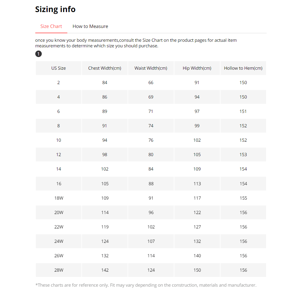 Sizing chart for clothing measurements on a white background