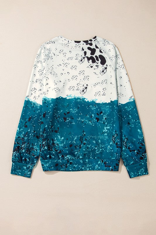 Women Blue Tie Dye Cow Color Block Pullover Sweatshirt | Zarnesh