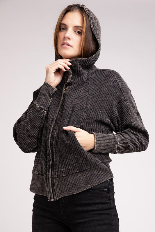 Women Acid Wash Cotton Waffle Hooded Zip Up Jacket | Zarnesh