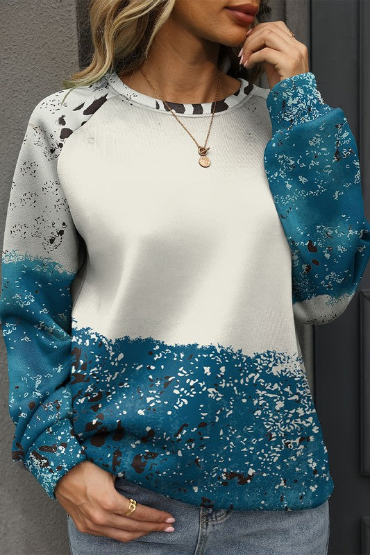 Women Blue Tie Dye Cow Color Block Pullover Sweatshirt | Zarnesh