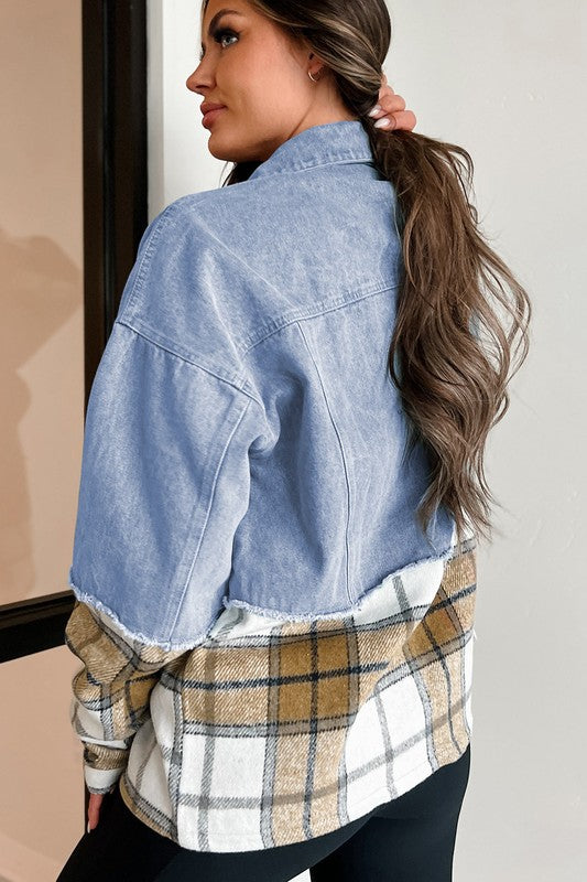 Women Plaid Patchwork Buttoned Oversized Denim Jacket | Zarnesh