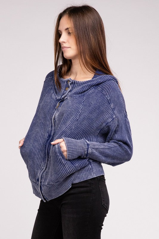 Women Acid Wash Cotton Waffle Hooded Zip Up Jacket | Zarnesh