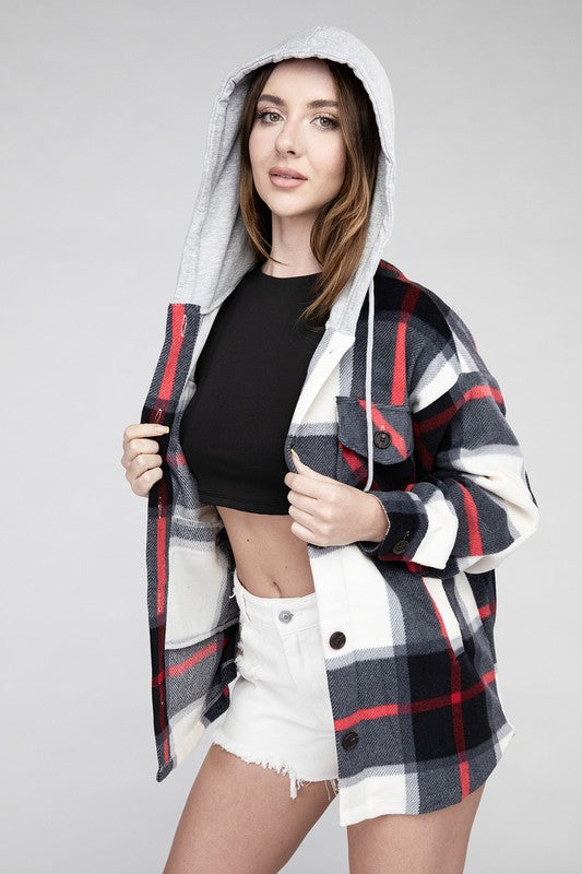 Women Plaid Drawstring Hooded Soft Fleece Shacket | Zarnesh