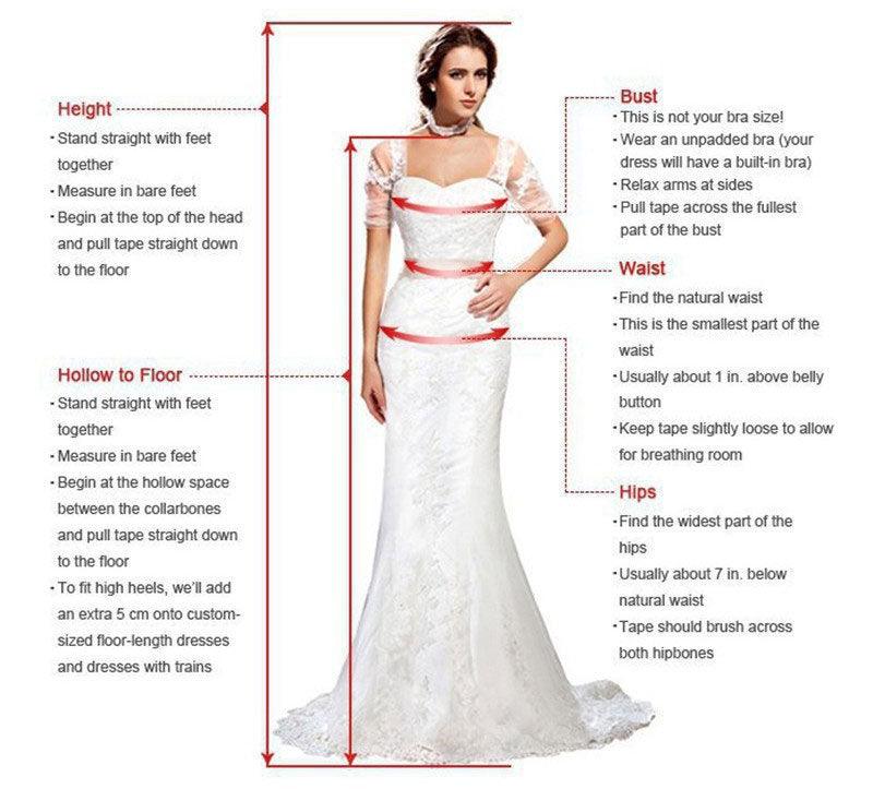 Measurement guide for a wedding dress with a model wearing it, including instructions on how to measure height, bust, waist, and hips.