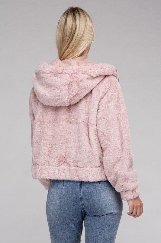 Women Fluffy Texture Zip-Up Teddy Hoodie Sweater | Zarnesh